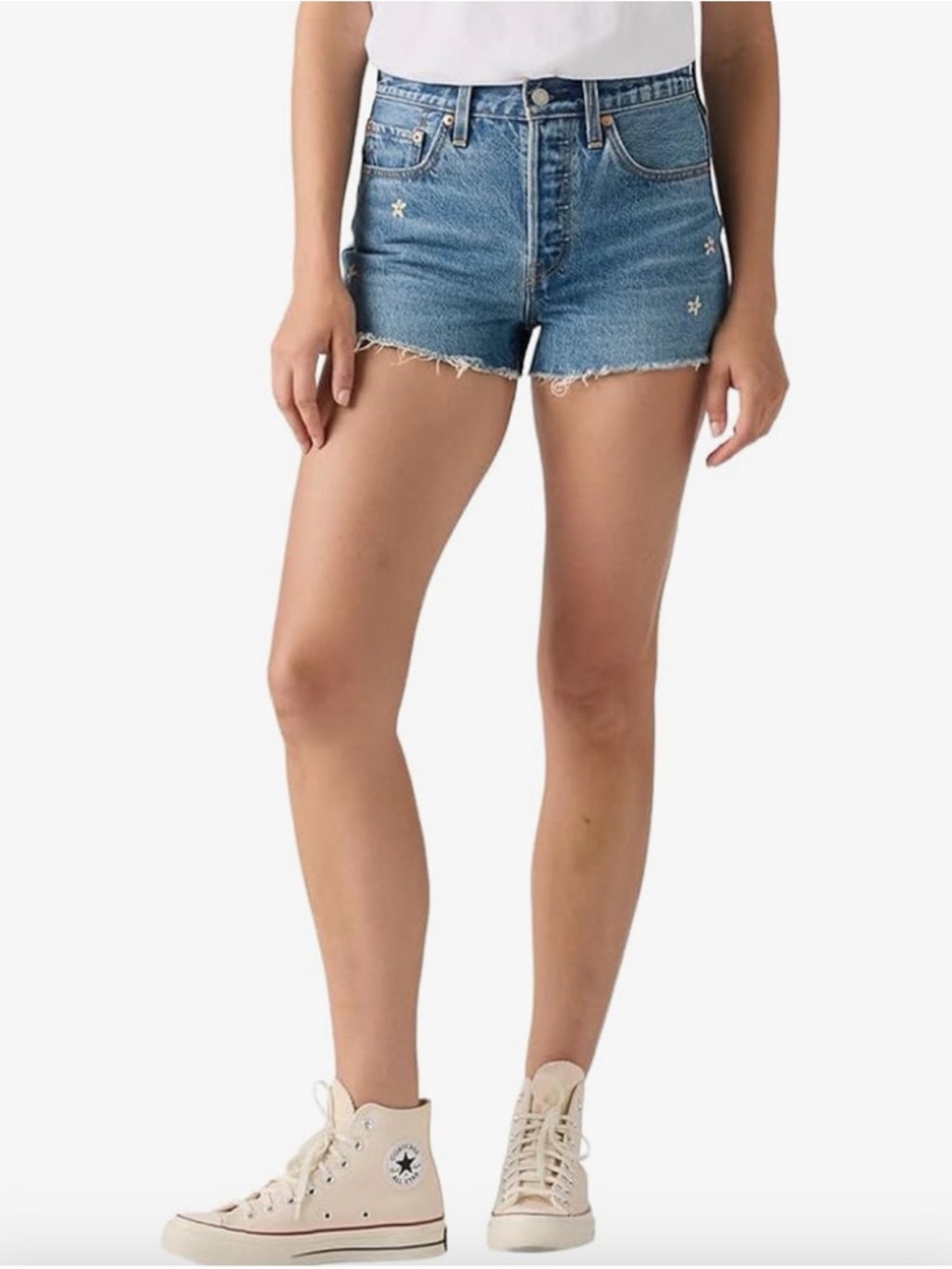 High-Rise 501 Distressed Denim Shorts in Blue